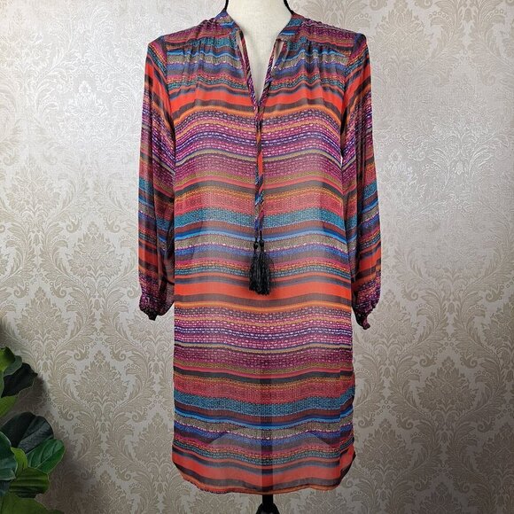 CeCe by Cynthia Steefe Sz 0 Multi Colored Striped Swimsuit Coverup Sheer Tassels - Picture 1 of 12